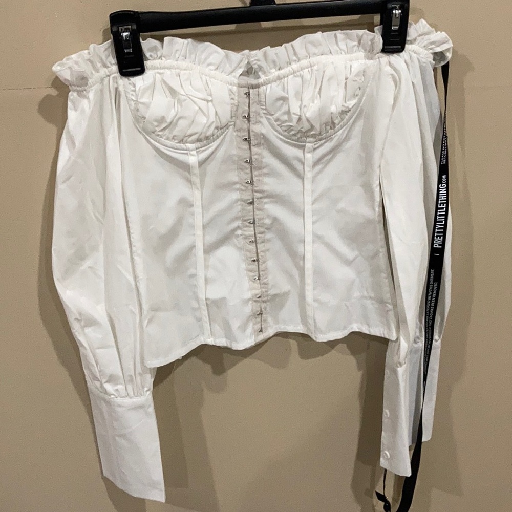 White Woven Frill Bardot Hook And Eye Shirt